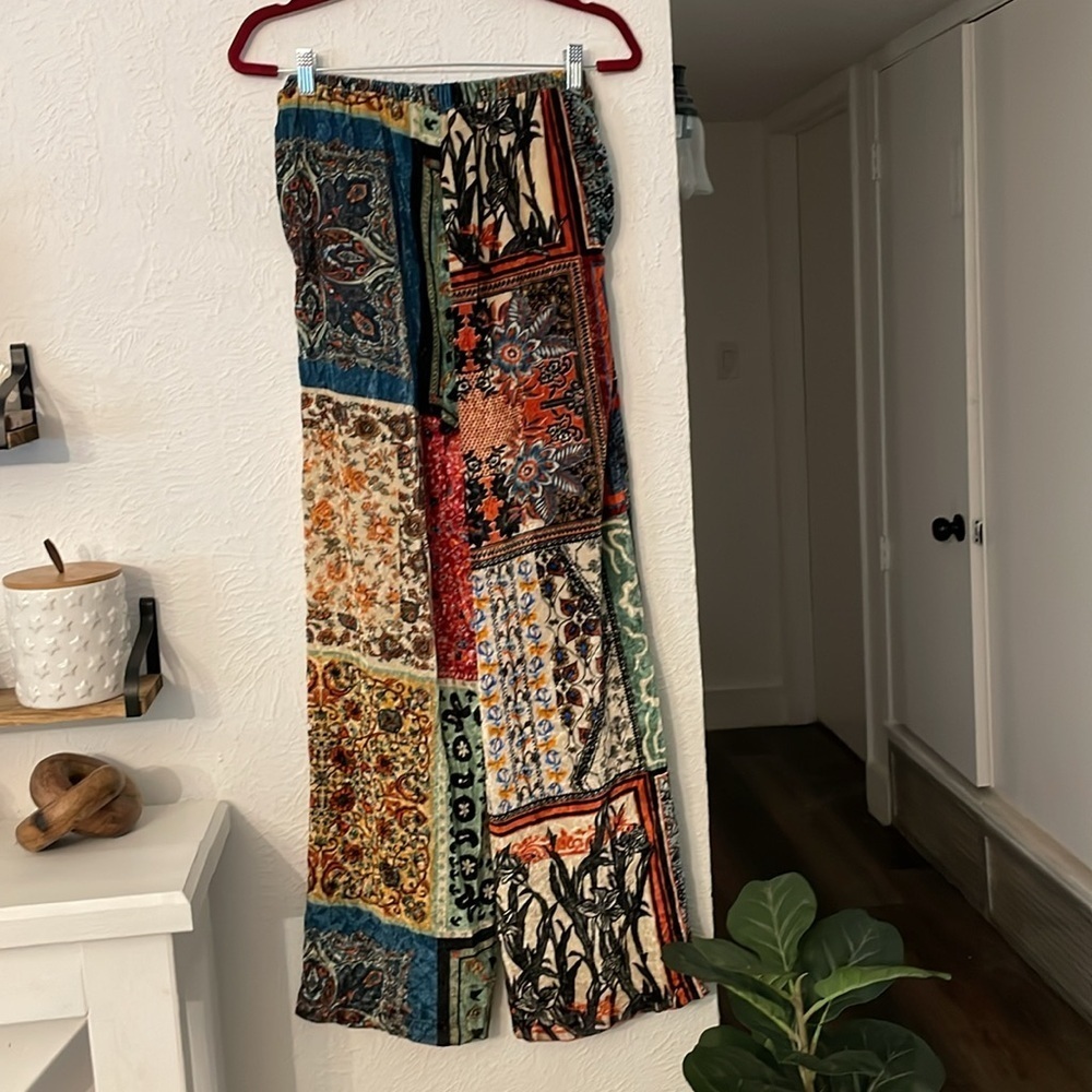 Sfizio Women's Patchwork Print Velvet Stretch Lounge Pant Trousers Pockets Sz XS - Picture 6 of 9